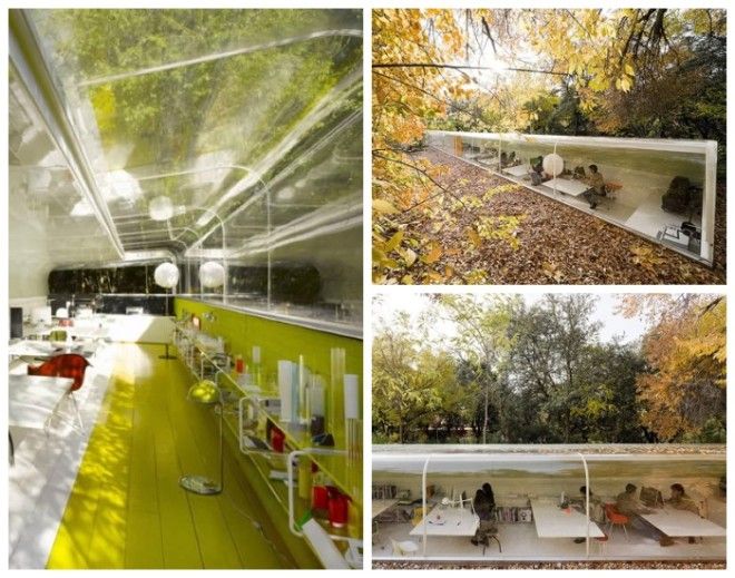 Офис архитектурного бюро Selgas Cano расположен посреди парковой зоны под кронами деревьев Мадрид Испания