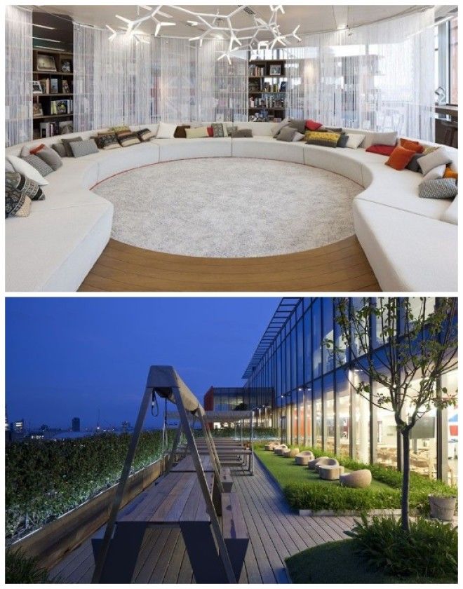 Зона библиотеки и открытая терраса максимально комфортны Штабквартира Google в Лондоне Великобритания