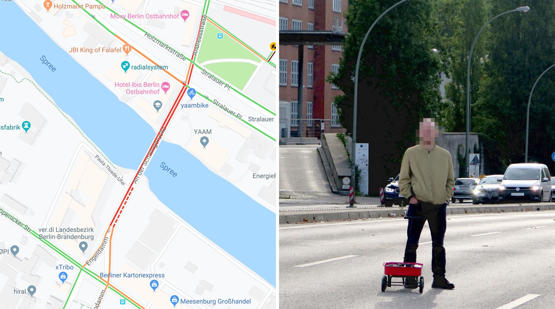 Немецкий художник с помощью тележки с 99 смартфонами создал виртуальные пробки в Google Maps
