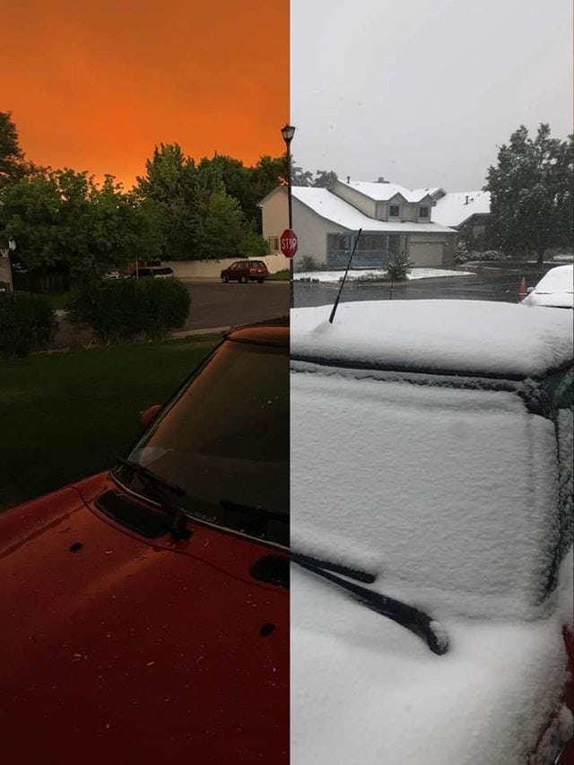 В Колорадо после долгой жары выпал снег. Пользователи сети сранивают, как резко всё изменилось за день 40