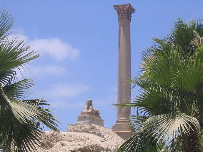 Римская колонна и сфинкс обозначают прежнее местонахождение Александрийского Мусейона Фото ruwikipediaorg