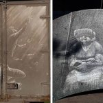 Очень необычный и красивый вид творчества: человек рисует на грязном налете грузовиков