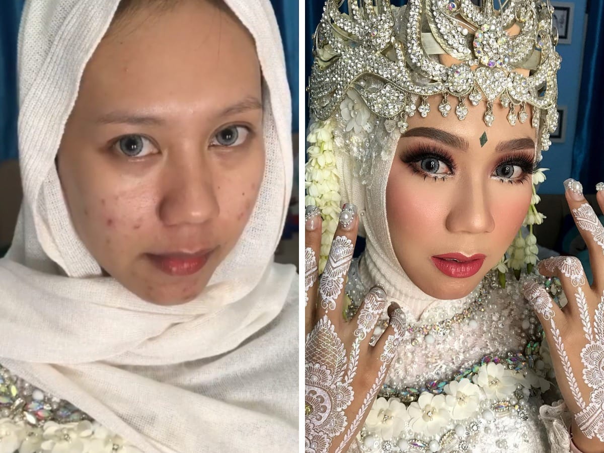 16 фотографий невест из Азии до и после того, как макияж превратил их в настоящих королев 50