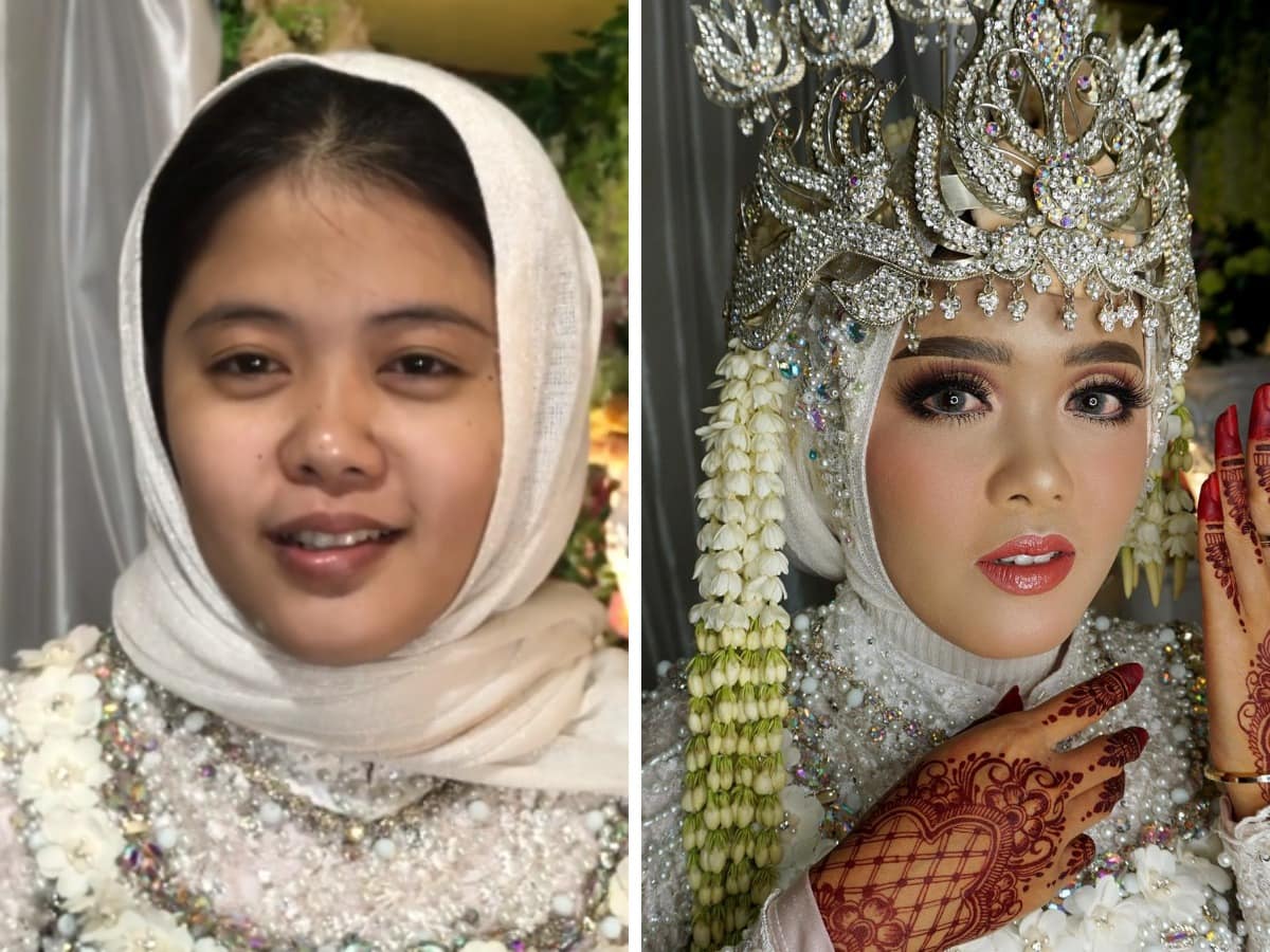 16 фотографий невест из Азии до и после того, как макияж превратил их в настоящих королев 53