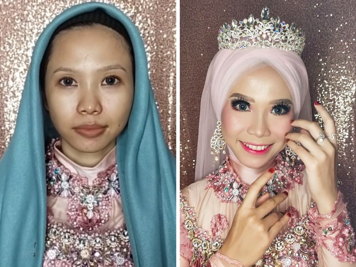 16 фотографий невест из Азии до и после того, как макияж превратил их в настоящих королев 64