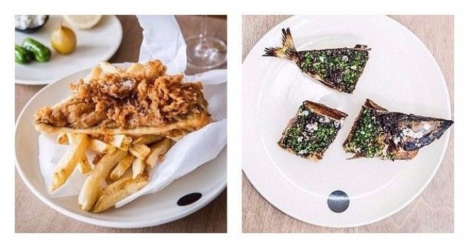 Слева черный конгрио креветочная рыба в кляре картофелем фри и приправами Справа тосты с голубой макрелью в кислосладком соусе австралия блюда еда еда в Австралии лучшие ресторан рестораны