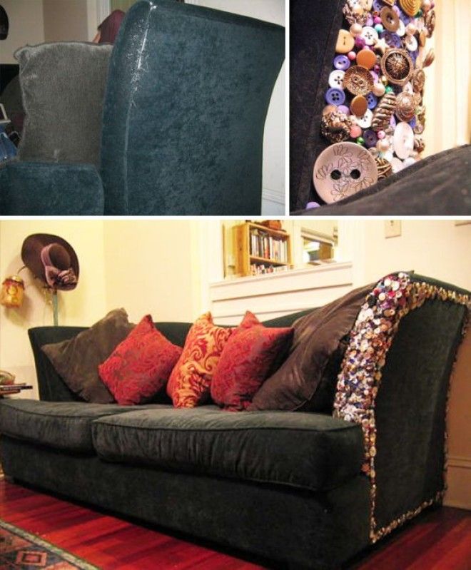 Декор обивки мягкой мебели разноцветными пуговицами