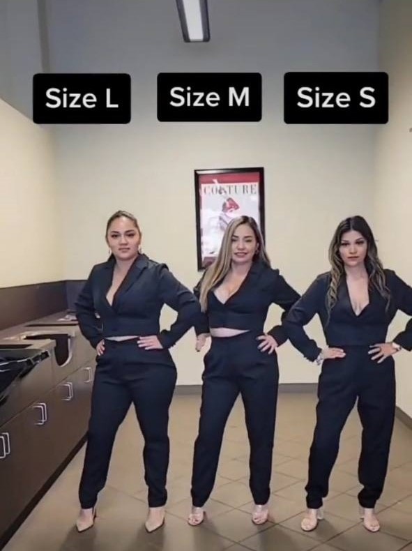 Девушки примеряют одинаковые наряды и показывают, как одна и та же одежда смотрится на размерах S, M и L 47