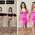 Девушки примеряют одинаковые наряды и показывают, как одна и та же одежда смотрится на размерах S, M и L