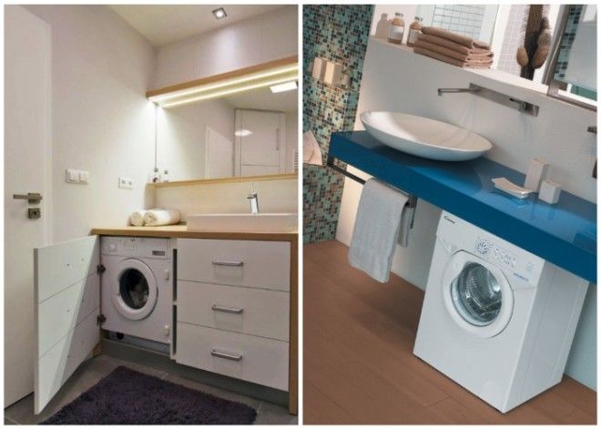 Оригинальные варианты размещения стиральной машинки и рукомойника в маленькой ванной 